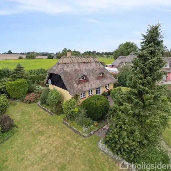 Stråtækt hus omgivet af frodig have, med buske og træer, placeret i landligt landskab med marker i baggrunden.