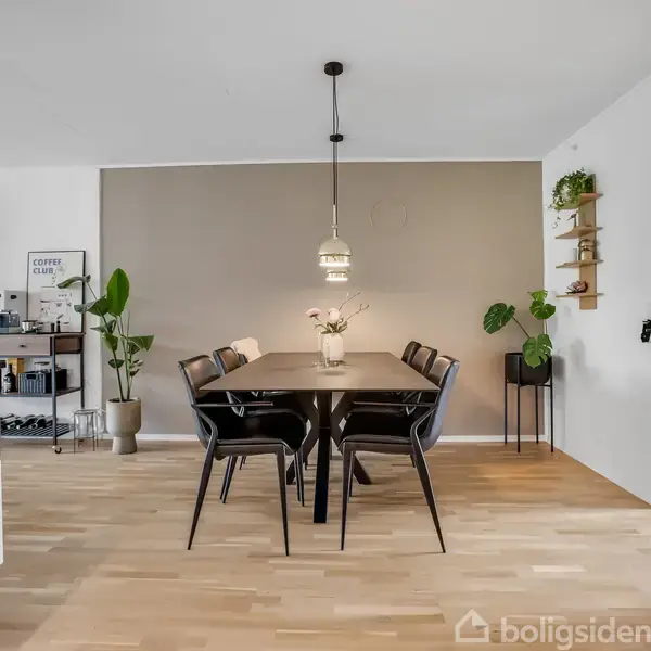 Spisebord med seks stole står i et lyst rum med trægulv. En loftslampe hænger over bordet. Planter i potter er placeret langs væggene. Ingen tekst fundet.