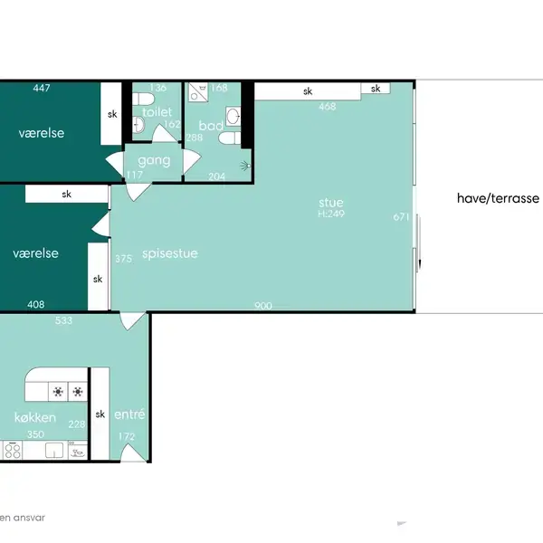 Plantegning viser en lejlighed med to værelser, en stue, spisestue, køkken, toilet, bad og en gang. Der er også en have/terrasse. Tekst: "vejledende tegning uden ansvar."