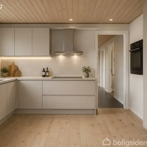 Stue med hjørnesofa og sofabord, godt oplyst af store vinduer. TV ved væggen og plante ved siden af. Åben indgang til et soveværelse. Tekst: "visualisering".