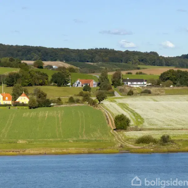 Huse med gule facader står stille i et frodigt, grønt landskab nær marker og en blå sø, omgivet af træer under en klar blå himmel.