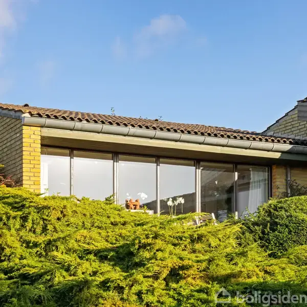 Et hus med store vinduer vender mod en veltrimmet buskahæk. Bygningen har murstensvægge og et skråt tag. Himlen er blå og klar, hvilket indikerer solskin.