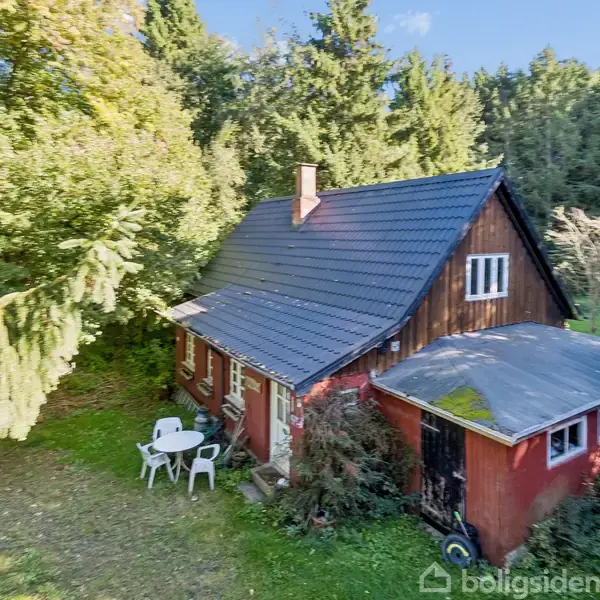 Rødt træhus med skråt tag står i en frodig have. To hvide plastikstole og et bord ses foran huset omgivet af høje træer og tæt vegetation.