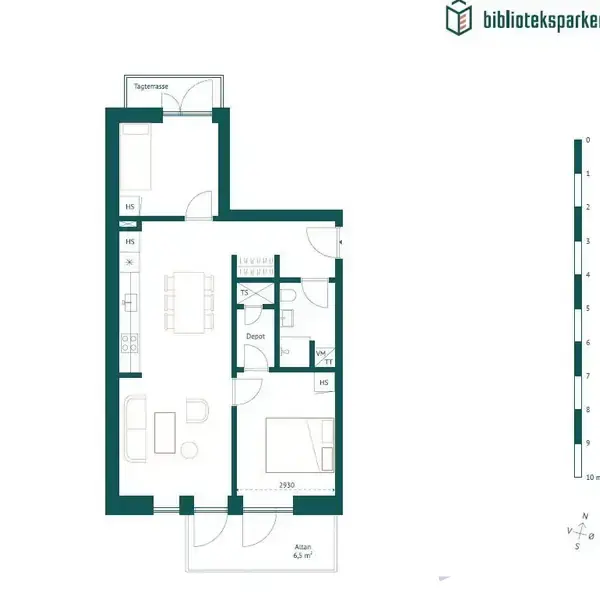 Plantegning viser en lejlighed med køkken-alrum, stue, soveværelse, depot, badeværelse og tagterrasse. Der er også målestok til højre med tekst: 10 meter.