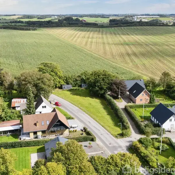 Flere huse ligger langs en vej i et landligt område med store grønne marker omkring dem. Landskabet er præget af frodige træer og omfattende åbne marker i baggrunden.