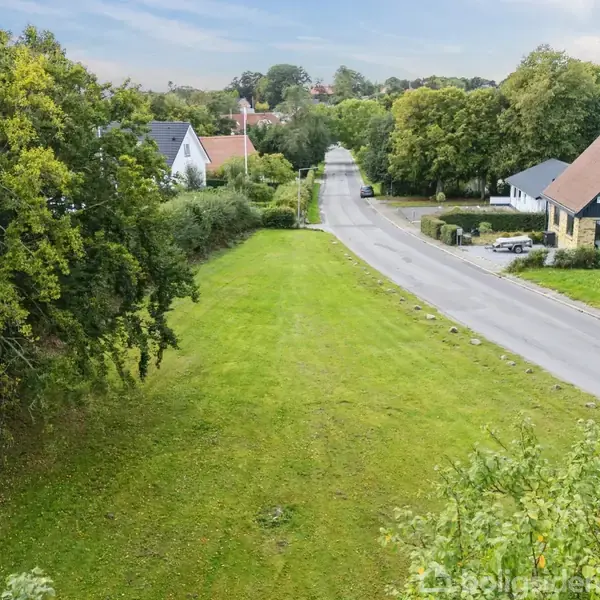 Græsplæne uden aktivitet langs en stille vej i et villakvarter med træer og huse.