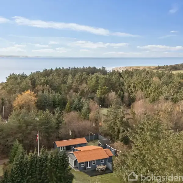 Et hus med rødt tag står omgivet af tæt skov nær en kystlinje med havudsigt. Flagstænger er synlige ved huset, og himlen er let skyet.