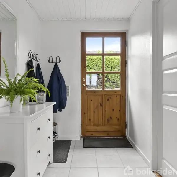 Kommode med grøn plante står ved en væg ved siden af en spejl. Frakke hænger på en knagerække. Trædør åbner ud til en have. Hvidt rum med flisegulv.