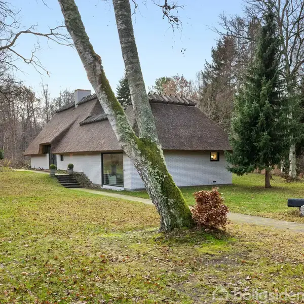 Et hus ligger i en skovklædt have med græsplæne og store træer. Huset har et stråtækt tag og en hvid facade. En sti fører hen til indgangen.