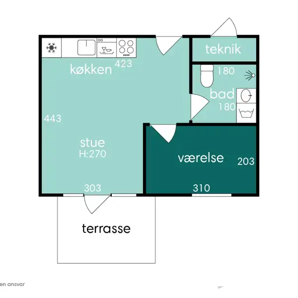 Plantegning viser en lejlighed med stue og køkken i ét rum (443 x 303), et værelse (203 x 310), et badeværelse (180 x 180), teknikrum samt en terrasse. Tekst: "vejledende tegning uden ansvar". Kompas i hjørnet.