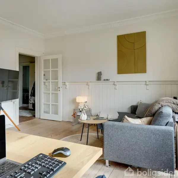En stue med en grå sofa fyldt med puder, står ved siden af flyttekasser. En vægmonteret TV tæt på et skrivebord med tastatur og mus. Skildpaddekunst hænger på væggen.