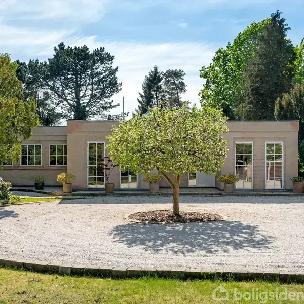 Et moderne hus med fladt tag står omgivet af grønne træer. Foran huset er en gårdsplads med et centralt plantet træ omgivet af grus.