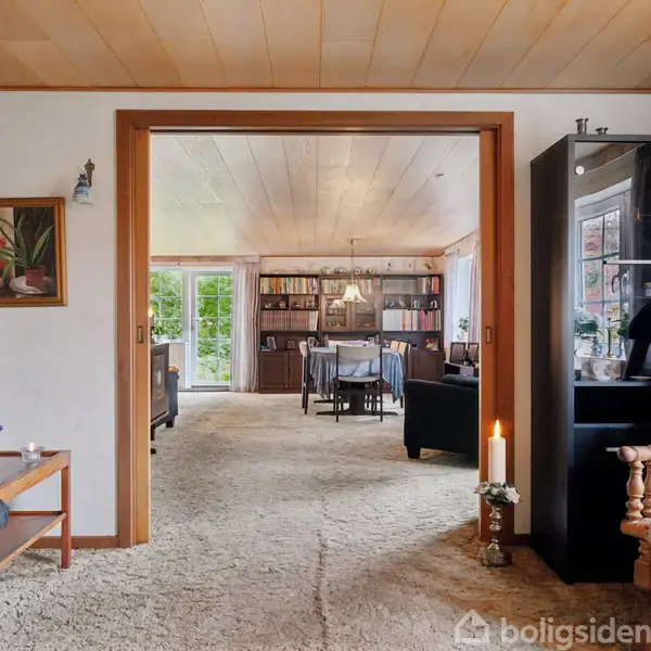 Stue med tæppebelagt gulv og træloft. Reoler og spisebord i baggrunden. Møbler omfatter en sofa, malerier og en vitrineskab. Naturligt lys fra store vinduer.