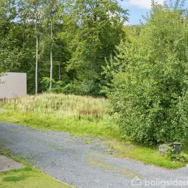 En grusvej snor sig gennem en frodig have omgivet af træer og buske. Til venstre er en lys bygning synlig i baggrunden. Ingen tekst er til stede.