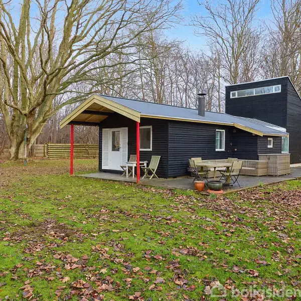 Et sort træhus står stille omgivet af græs og nøgne træer. På terrassen er der havemøbler, og i baggrunden står flere høje træer mod en klar, blå himmel.