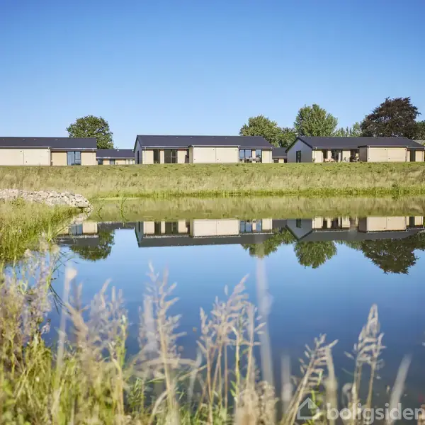 En række moderne huse står på en grøn bakke, spejlet i en stille sø. Blåt himmelrum og spredte træer omkranser huse og give en fredfyldt atmosfære.