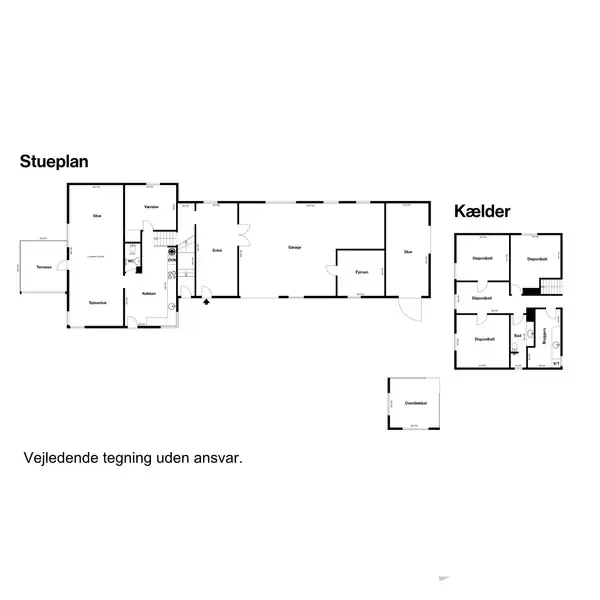 Grundplan viser en stueplan med værelser, stue og køkken samt en kælder. Kompas i øverste højre hjørne. Tekst: "Stueplan", "Kælder", "Vejledende tegning uden ansvar."