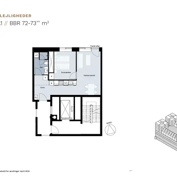 Plantegning for lejlighed T1-A1, 72-73 m², Nr. 22, 58, 78, med stue, køkkenalrum, badeværelse, på 4.-6. sal. Kompas viser nord. Højre side viser bygningens placering.