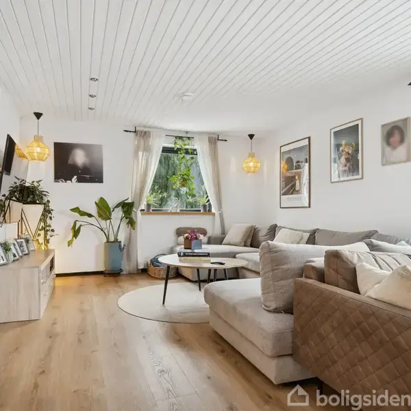 En stor hjørnesofa med puder står i en stue med loftslamper. Rummet har trægulv, hvide vægge, dekorative planter og flere billeder på væggene. En stor vindue giver udsigt til en have.