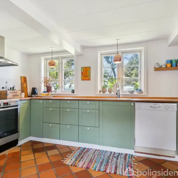 Et køkken med grønne skabe og moderne apparater, herunder en ovn og opvaskemaskine. Der er et farverigt gulvtæppe på det terra-cotta-flisebelagte gulv, og vinduerne giver naturligt lys.