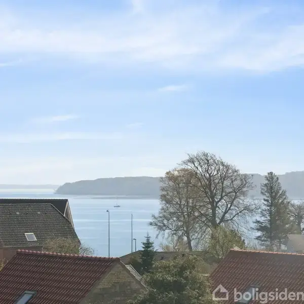 Huse med røde og mørke tage står stille. I baggrunden ses en rolig havoverflade med en fjern kystlinje og et par træer under en lys, blå himmel.
