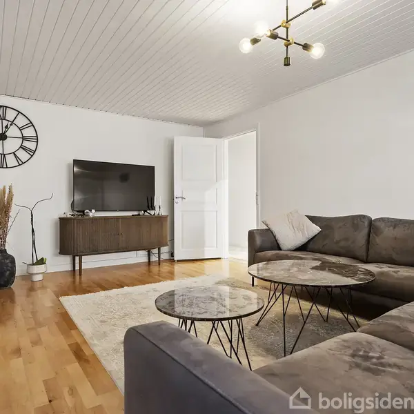 En grå hjørnesofa står i en stue med træparketgulv og hvide vægge. Et tv er placeret på et skab. En dekorativ vægur hænger over. Orchidéer og dekorationer står på gulvet. En åben dør leder til et andet rum.