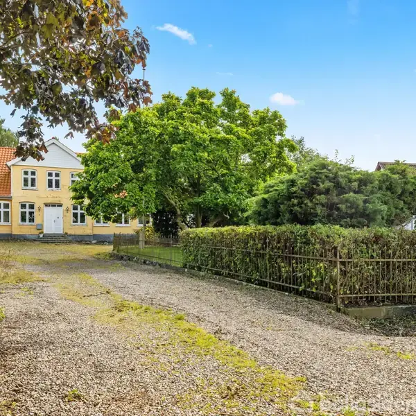 Hus ligger ved skov og marker tæt på kystlinje. Grønne træer omgiver området, mens gule marker strækker sig mod horisonten under en blå himmel.