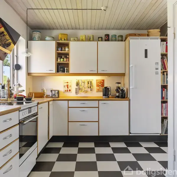 Et køkken med sorte og hvide ternede gulve, hvide skabe og træbordplader. En ovn og en hvid køleskab. Åbne hylder med varer ovenpå skabe. Pejs over komfur.