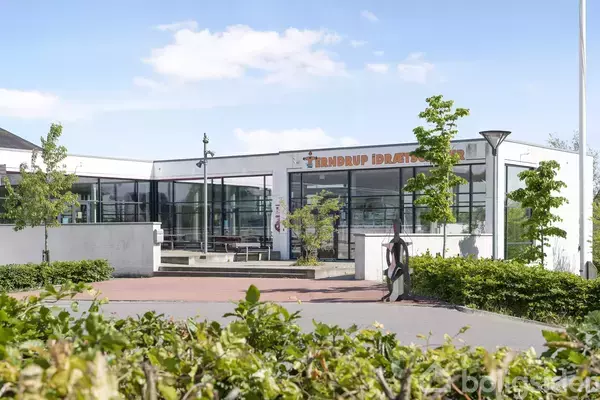 Bygningen er en idrætshal med navnet "Tjæreborg Idrætscenter" synligt på facaden. Person går ved siden af bygningen, omgivet af træer og buske under en klar blå himmel.