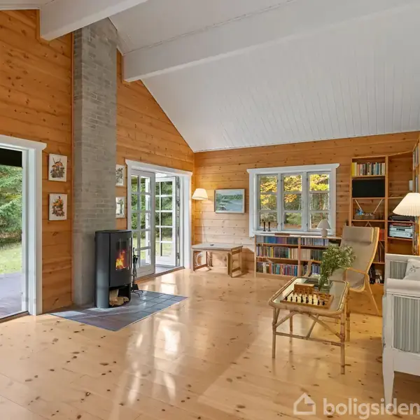 Stue med trævægge og højt til loftet. En brændeovn er placeret ved siden af store vinduer, der åbner til en terrasse. Hylder fyldt med bøger skaber en hyggelig atmosfære.