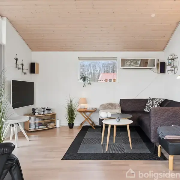 Stue med brun hjørnesofa står på sort tæppe. Lampe og sidebord ved siden af, vindue til haven. Fladskærm og planter i hjørnet. Træloft og lyse vægge.