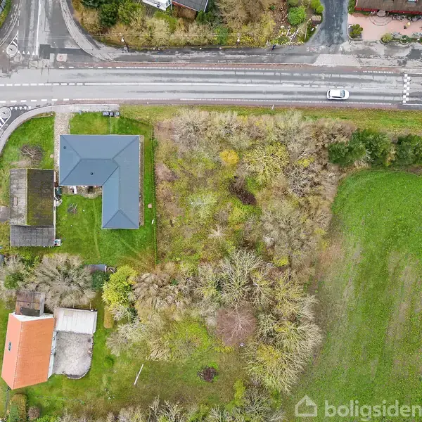 Et grønt område med spredte træer ses i centrum, omgivet af huse med farvede tage. En vej med en bil løber øverst, markeret med fodgængerovergang og vejstriber.