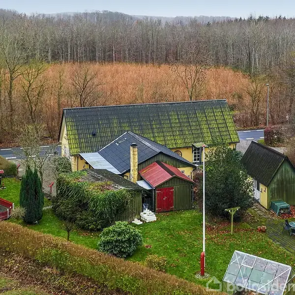 Et hus i træ med en skrånende tag, omgivet af frodig have, diverse småbygninger og en flagstang. Baggrunden består af en vej og en skov med nøgne træer.