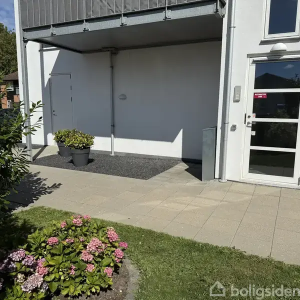 En indgang med glasdør fører til en moderne bygning. Ved siden af en grå mur står en plantekrukke. Foran er der blomsterbede med lyserøde blomster og grønne buske.