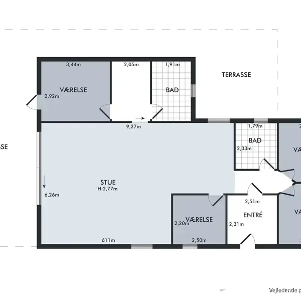 Plantegning viser en lejlighed med tre værelser, to badeværelser, en stue og en entré. Der er markerede terrasser udenfor. Tekst: "Vejledende plantegning uden ansvar."
