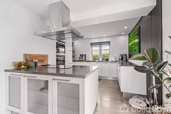 Et moderne køkken med en kogeø og emhætte midt i rummet. Der er hvide skabe, en grøn plante i forgrunden og et vindue med udsigt i baggrunden.