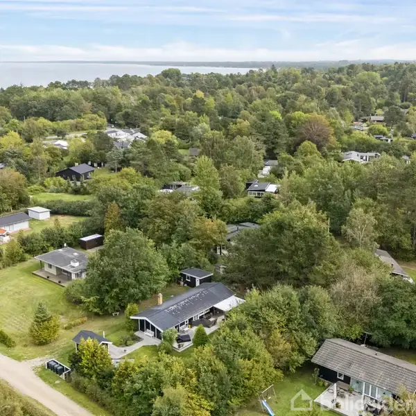 Huse omgivet af tæt skov og grønne træer, set fra luften. Flere boliger ligger spredt langs små veje i et grønt og naturligt landskab.
