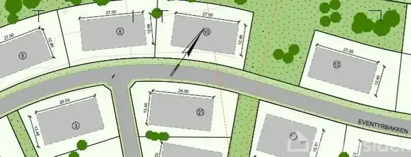 Et kort viser en vej markeret som "EVENTYRBAKKEN" med nummererede parceller langs vejen. Målene på parcellerne er angivet som f.eks. 27,00 og 17,50. Området er omgivet af grønt.