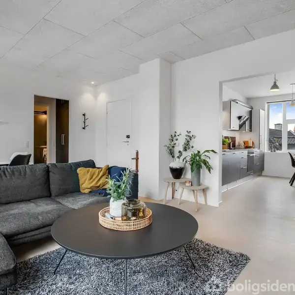 Grå sofa med puder står i en lys stue foran et rundt sort bord med planter. Et moderne køkken med hvide vægge ses i baggrunden.