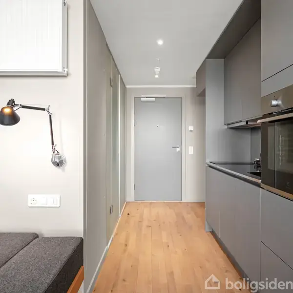 Gråt køkken strække sig langs en lys gang med trægulv. En grå sofa med puder og væglampe til venstre. Dør i baggrunden.