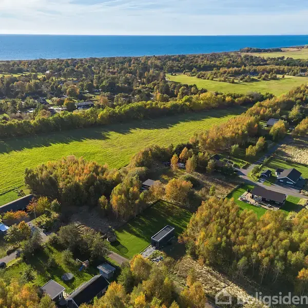 En række huse ligger spredt blandt træer og marker, med udsigt til havet i horisonten. Landskabet er grønt og naturskønt, under en klar blå himmel.