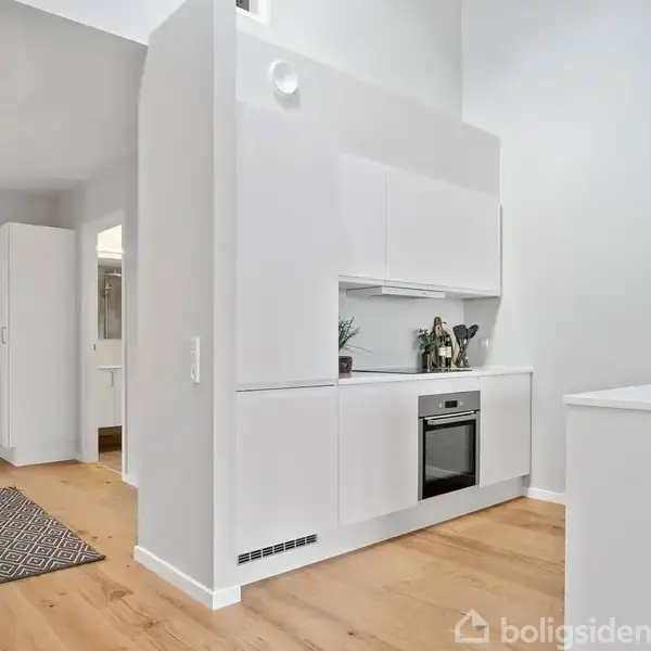 Hvidt køkken med integreret ovn og skabe, stillet mod væggen. Der er træparketgulv og et tæppe i entréen. En loftslampe hænger ved indgangen nær badeværelse og garderobe.
