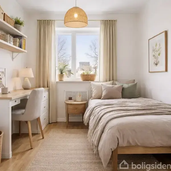 Soveværelse med seng dækket af beige sengetøj ved siden af et skrivebord med stol og lampe. Vindue med gardiner i baggrunden; hylder med bøger og plante til venstre.