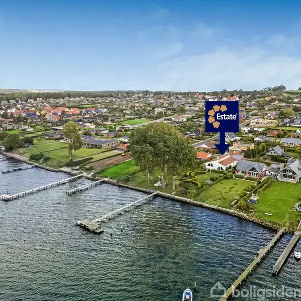Huse langs en kystlinje med anløbsbroer strækker sig ud i vandet. En stor blå pil med teksten "Estate" peger på en bestemt ejendom blandt de nærliggende huse.
