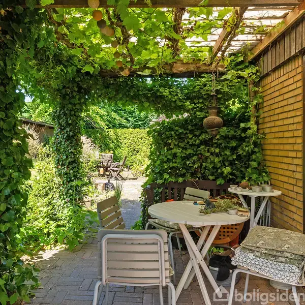 En rund hvid bord med stole står under en frodig pergola. Omkring ses grønne planter, en terrasse med murstensvæg og en skyggefuld have i baggrunden.