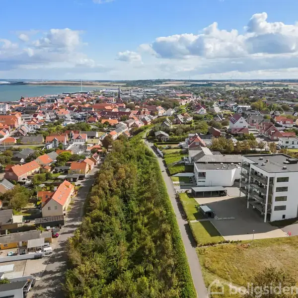 Luftfoto viser en bydel med rødt tagdækkede huse, moderne lejlighedskompleks og grøn allé. Byen ligger ned til en flod eller hav i baggrunden under en blå, skyet himmel.