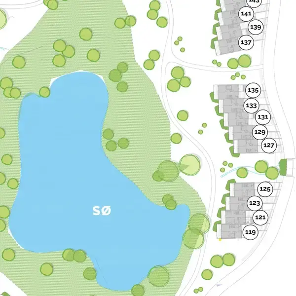En sø omgivet af grønne områder til venstre; til højre ligger rækkehuse markeret med numrene 119, 121, 123, 125, 127, 129, 131, 133 og 135, blandt træer.