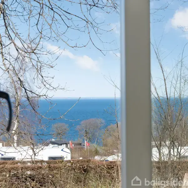 En havudsigt er synlig gennem et vindue med grene i forgrunden. I baggrunden ses blå himmel, hav og huse.