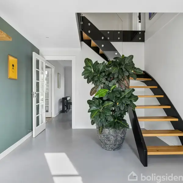 Trappe i moderne hus fører opad ved siden af stor potteplante, placeret i lyse gang. Til venstre hænger en træhylde på en grøn væg, og en dør står åben.