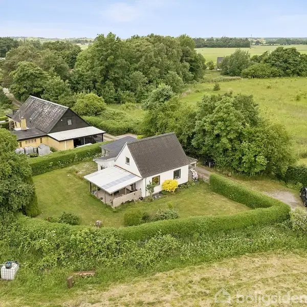 Et hvidt hus står omgivet af grønne træer og en klippet hæk i et landligt område. En bil holder på en vej ved siden af en stor eng.
